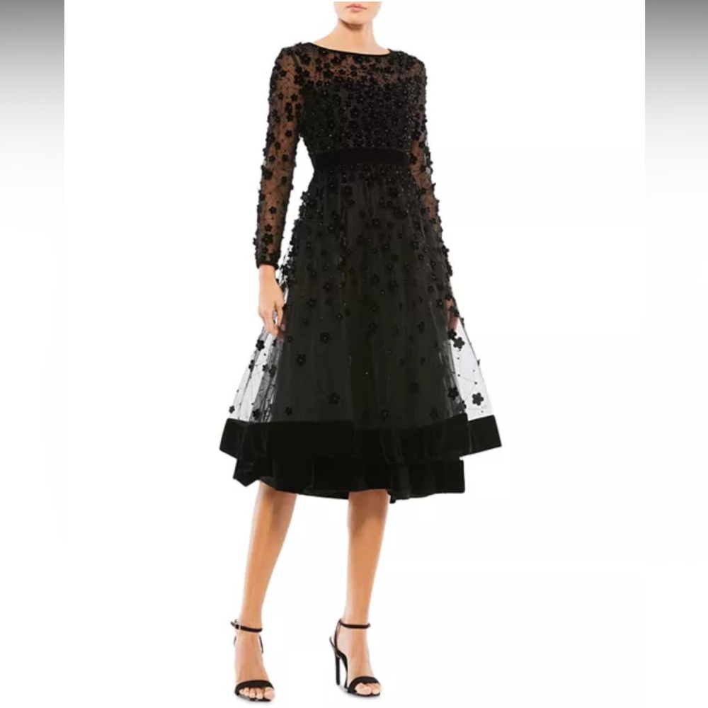 Mac Duggal Black Velvet Embellished Illusion Long Sleeve A-Line Midi Dress 12